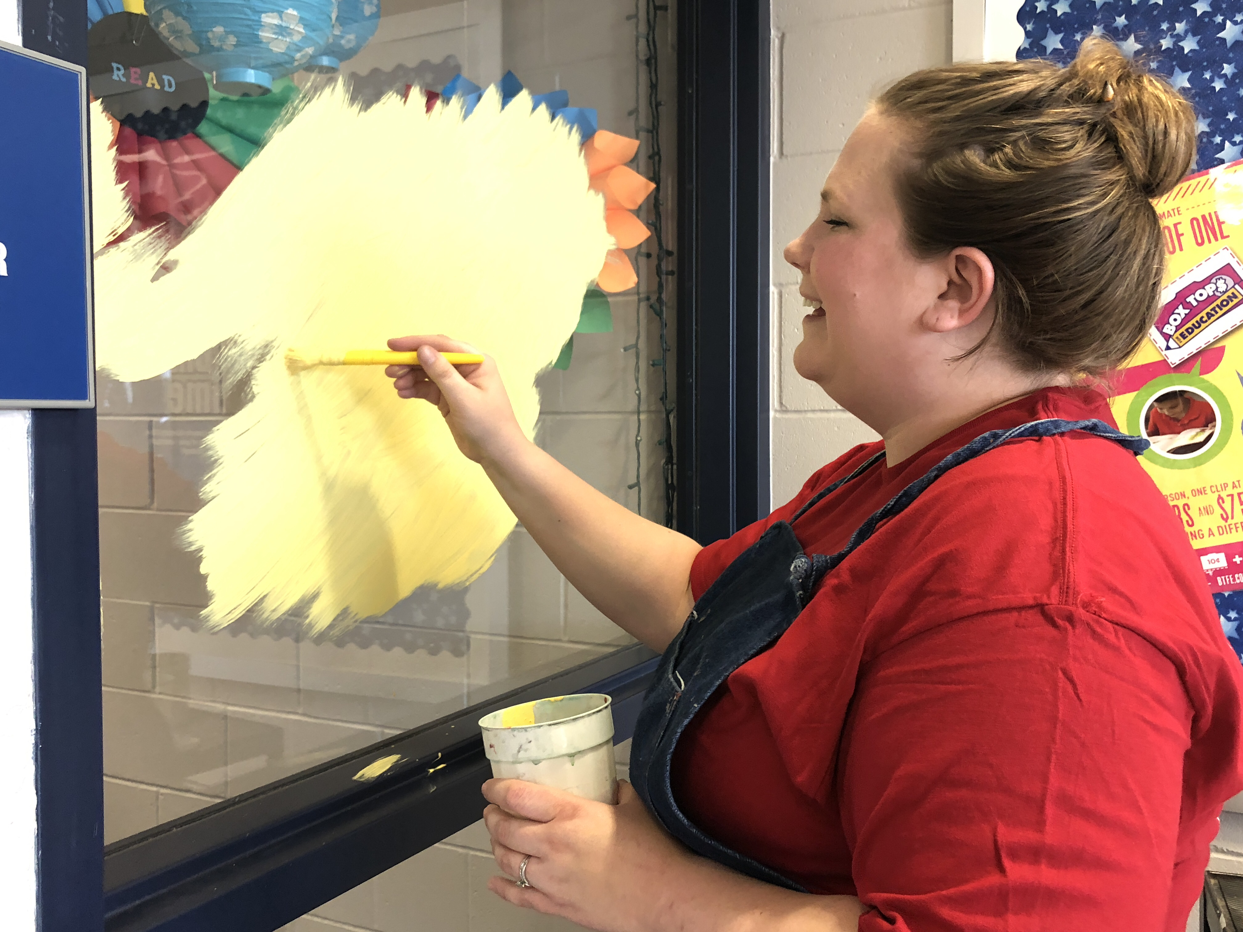 Mrs. Moriarty is gearing up for our enchanted forest book fair! Stay tuned for the final window mural!